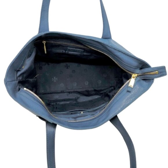 TORY BURCH~Meyer Plaque~BLUE PEBBLED LEATHER LARGE SHOULDER TOTE BAG - Picture 5 of 6